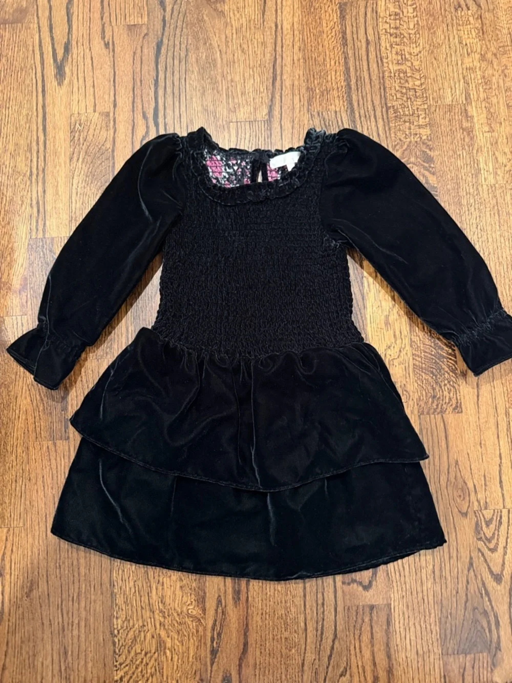 LoveShack Fancy Girls Black Velvet Long-Sleeve Tiered Dress